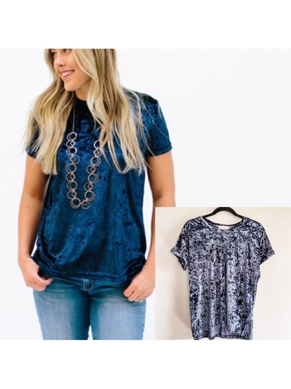 Sign Here Signature Blue Crushed Velvet Crew Neck Short Sleeve Oversized Tee XS